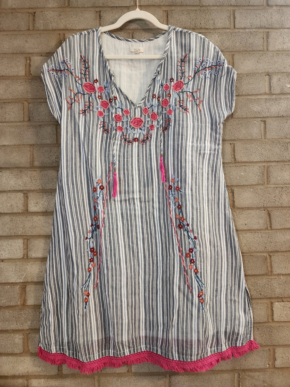 Kyla Seo Striped Embroidered V-Neck Cotton Dress Oversized Sm